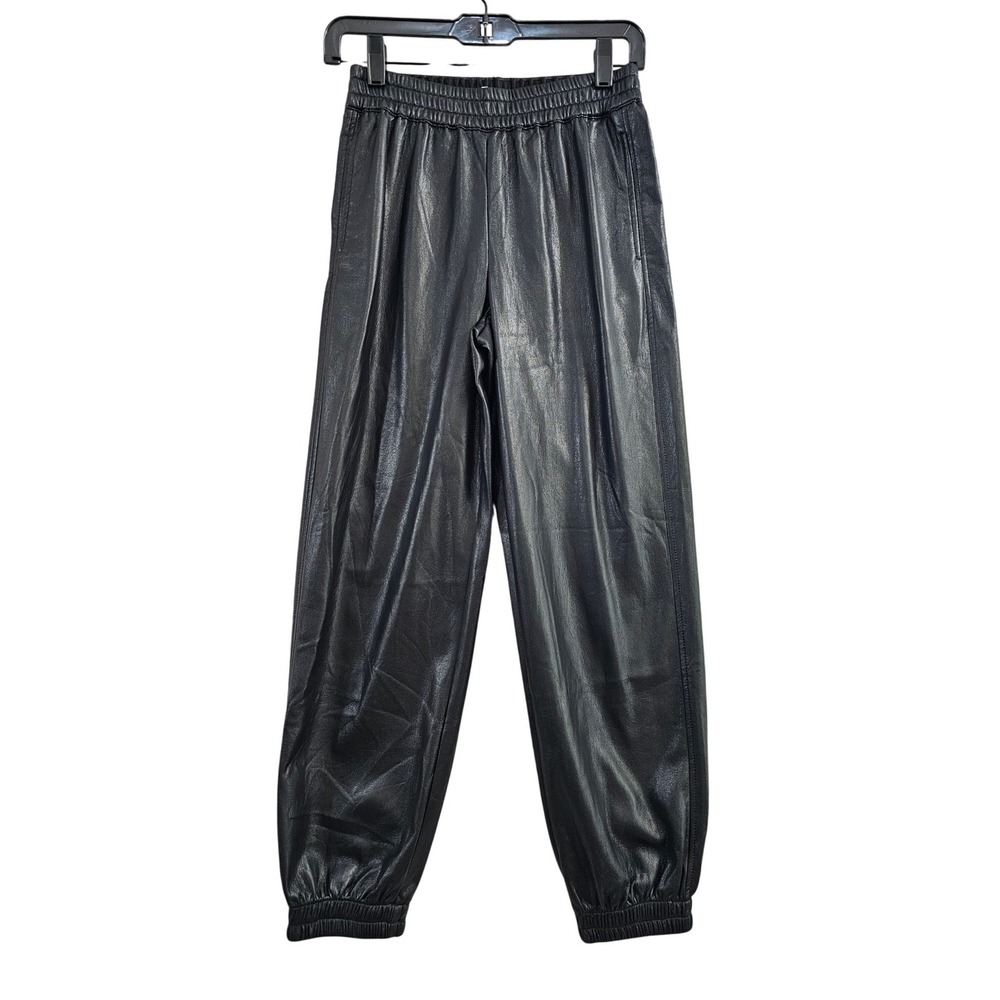 Babaton Jogger Pants Women XS Black Solid Faux Vegan Leather Elastic Waist 82994